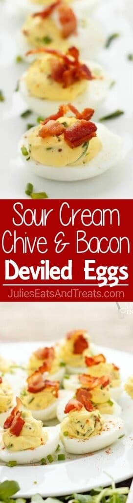 Sour Cream, Chive, and Bacon Deviled Eggs Recipe ~ Creamy Deviled Eggs Loaded with Sour Cream, Chive and Bacon! Perfect Side Dish for the Holiday!