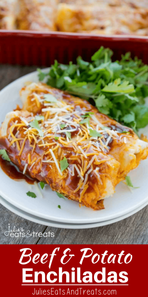 Beef and Potato Enchiladas with cilantro on a white plate in front of a red casserole dish of enchiladas