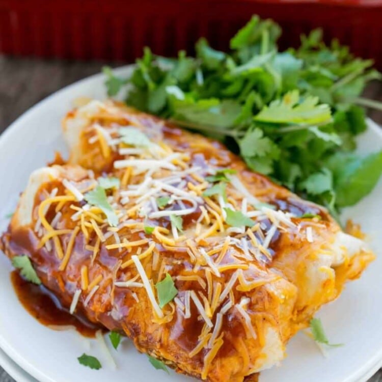 Two beef and potato enchiladas and cilantro on a white plate in front of a red baking dish of enchiladas