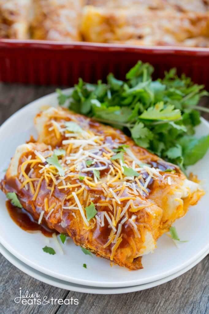 Beef & Potato Enchiladas ~ Loaded with delicious ground beef, crispy potatoes, vegetables then layered in a yummy enchilada sauce! The Perfect Weeknight Easy Dinner Recipe!