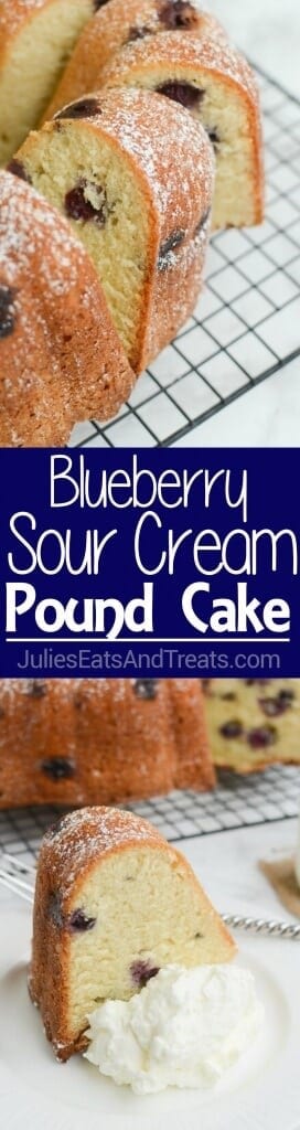 Blueberry Sour Cream Pound Cake Recipe ~ This Easy Dessert Is Perfectly Moist and Soft! Stuffed with Juicy Blueberries and Dusted with Powdered Sugar!