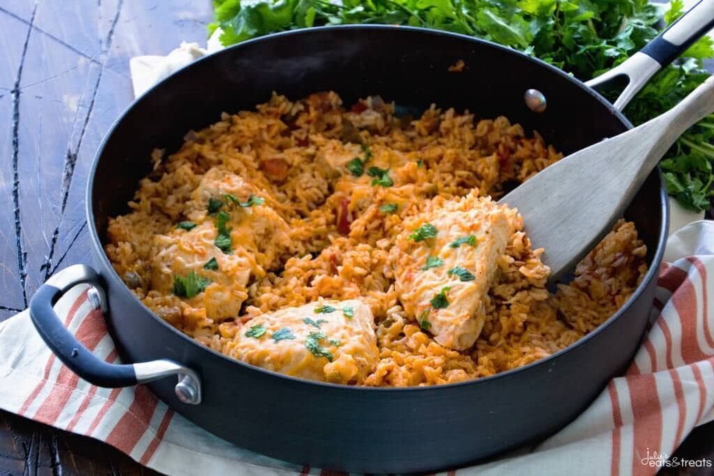 One Pot Fiesta Chicken & Rice Recipe ~ Quick, Easy One Pot Dinner with a Southwestern Flair! Cheesy Chicken In a Bed of Southwestern Rice Makes the Perfect Quick Meal!