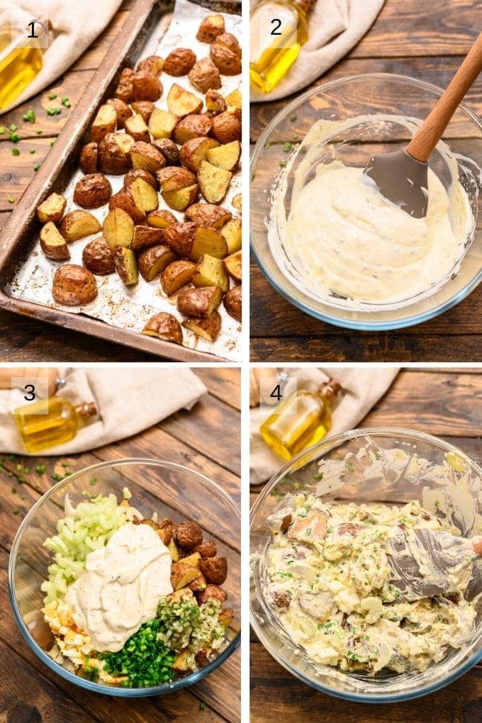 A collage of four images showing how to make potato salad