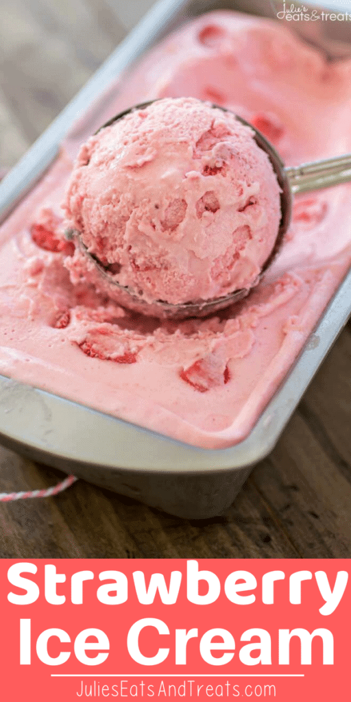 Strawberry Ice Cream in a loaf pan being scooped with an ice cream scoop