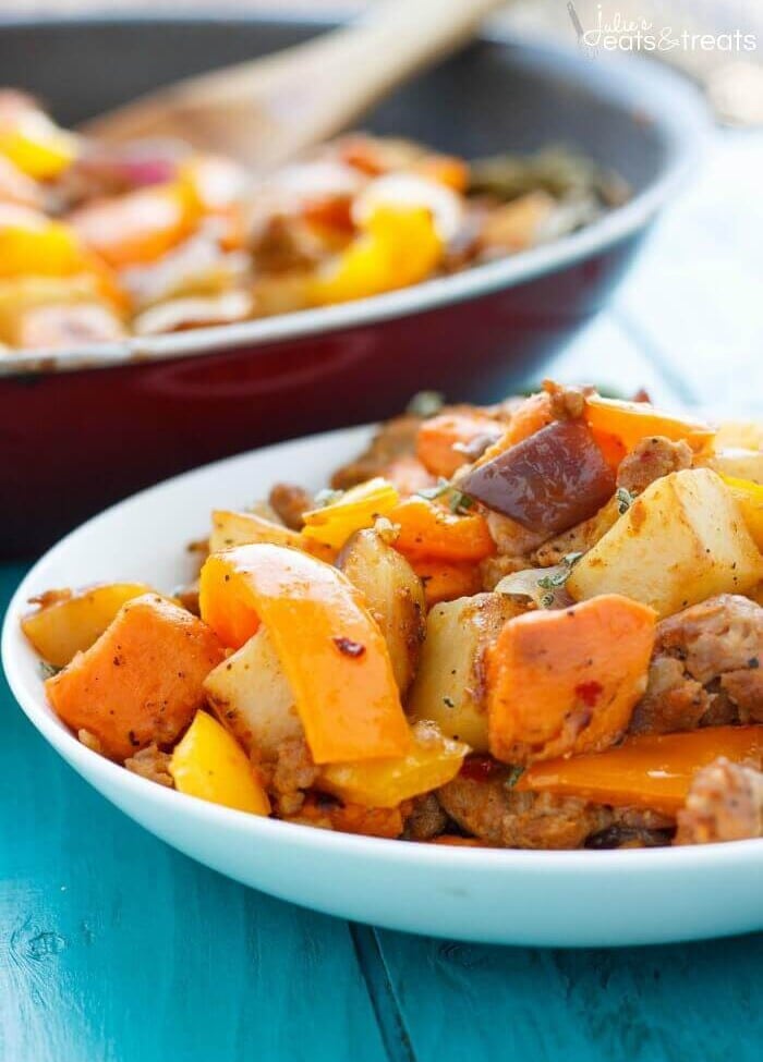 Sweet Potato Hash with Peppers and Onions Recipe ~ A blend of Two Different Potatoes Makes This Sweet Potato Hash with Sausage, Peppers and Onions a Delicious Breakfast!