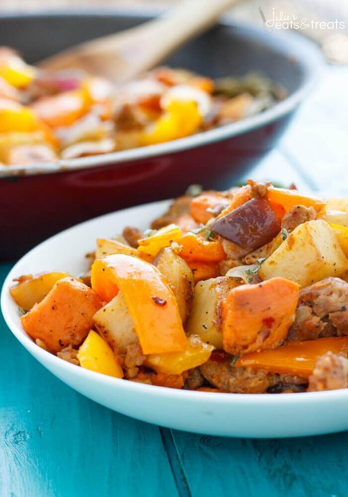 Sweet Potato Hash with Peppers and Onions Recipe ~ A blend of Two Different Potatoes Makes This Sweet Potato Hash with Sausage, Peppers and Onions a Delicious Breakfast!