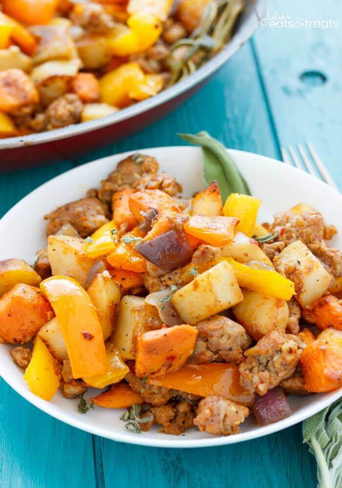 Sweet Potato Hash with Peppers and Onions Recipe ~ A blend of Two Different Potatoes Makes This Sweet Potato Hash with Sausage, Peppers and Onions a Delicious Breakfast!