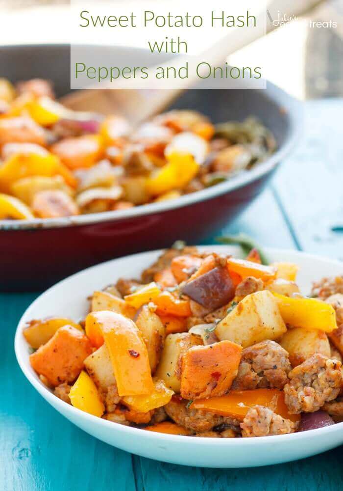 Sweet Potato Hash with Peppers and Onions Recipe ~ A blend of Two Different Potatoes Makes This Sweet Potato Hash with Sausage, Peppers and Onions a Delicious Breakfast!