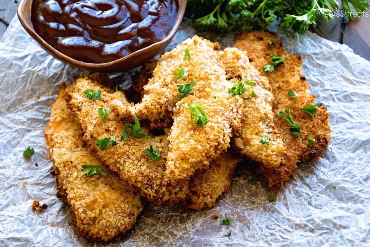 BBQ Baked Chicken Fingers Recipe ~ Homemade Chicken Fingers that are Marinated in BBQ Sauce then Dipped in Egg and Panko Crumbs for a Delicious Homemade Chicken Finger!