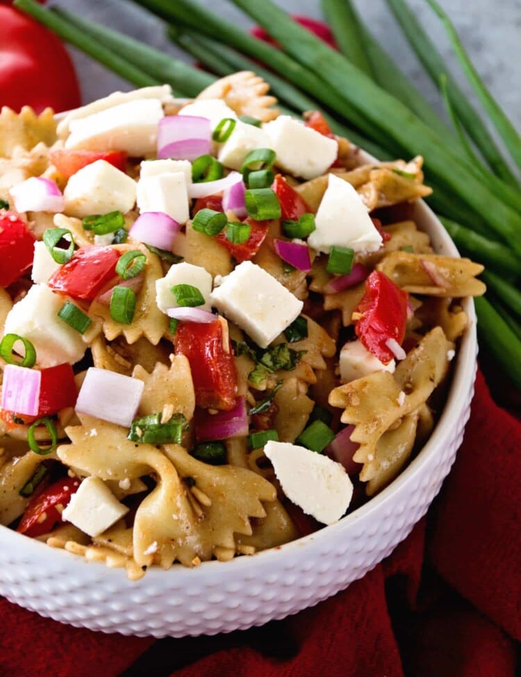 Bruschetta Caprese Pasta Salad Recipe ~ Two of You Favorites Come Together In this Delicious Pasta Salad Loaded with Tomatoes, Red Onions, Fresh Mozzarella in a Tangy Balsamic Dressing! Perfect Side Dish for Grilling and Summer Cook Outs!
