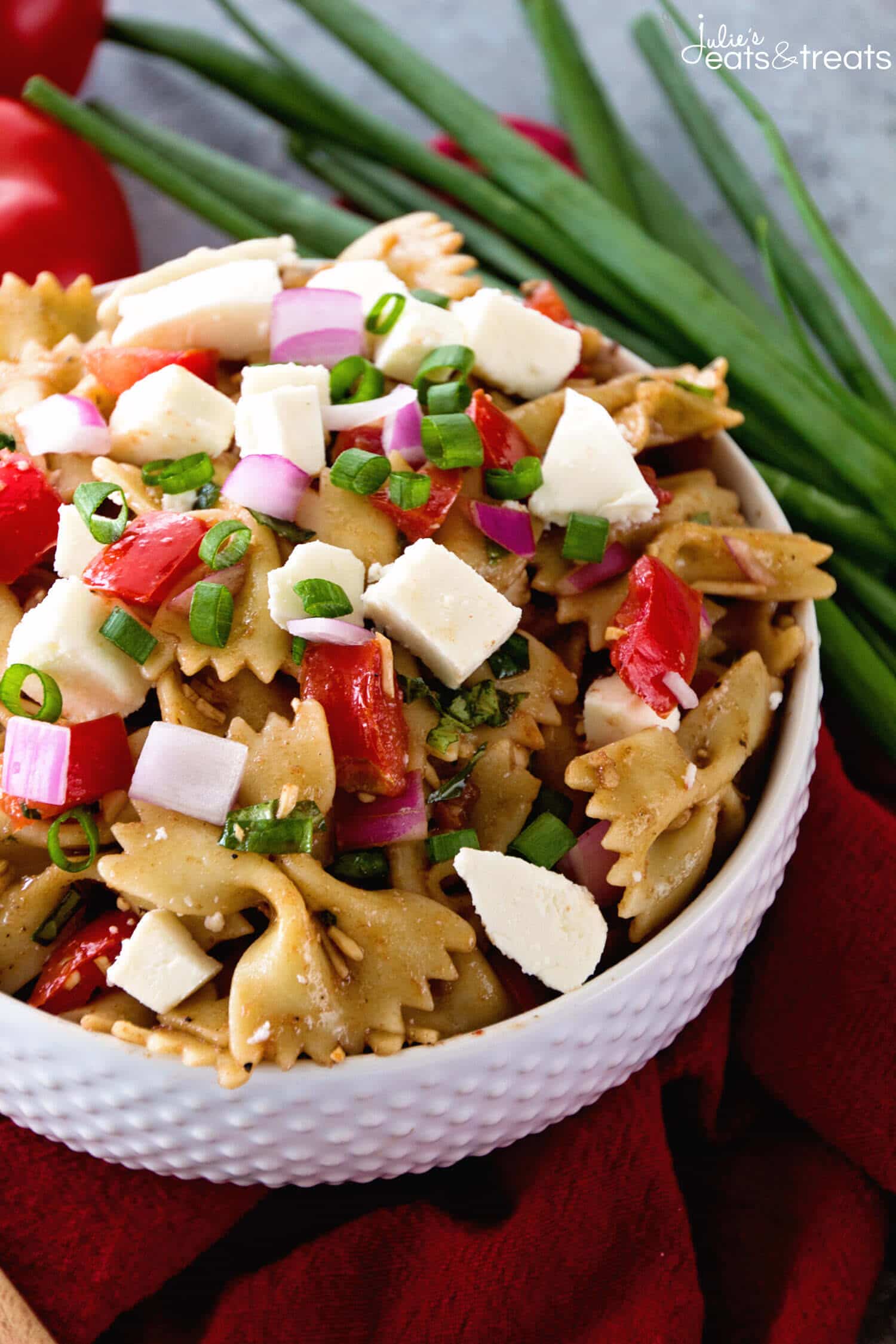 Bruschetta Caprese Pasta Salad Recipe ~ Two of You Favorites Come Together In this Delicious Pasta Salad Loaded with Tomatoes, Red Onions, Fresh Mozzarella in a Tangy Balsamic Dressing! Perfect Side Dish for Grilling and Summer Cook Outs!