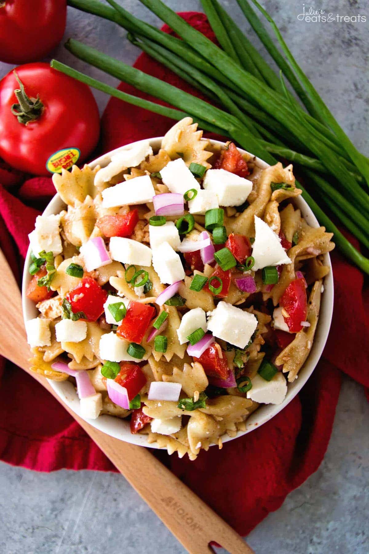 Bruschetta Caprese Pasta Salad Recipe ~ Two of You Favorites Come Together In this Delicious Pasta Salad Loaded with Tomatoes, Red Onions, Fresh Mozzarella in a Tangy Balsamic Dressing! Perfect Side Dish for Grilling and Summer Cook Outs!