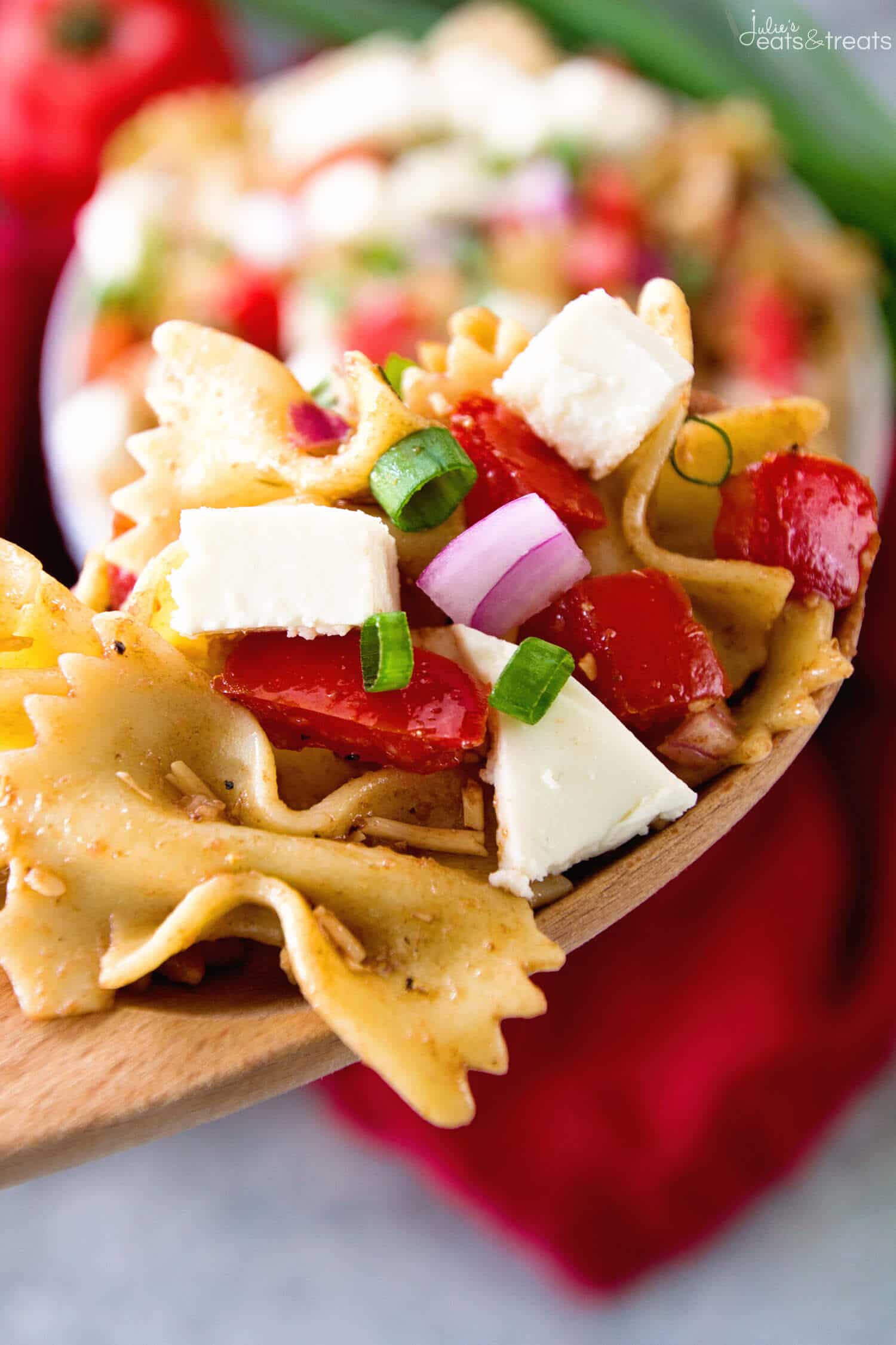 Bruschetta Caprese Pasta Salad Recipe ~ Two of You Favorites Come Together In this Delicious Pasta Salad Loaded with Tomatoes, Red Onions, Fresh Mozzarella in a Tangy Balsamic Dressing! Perfect Side Dish for Grilling and Summer Cook Outs!