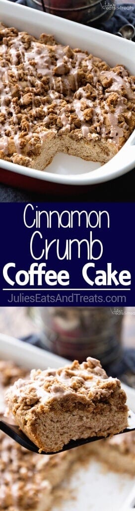 Cinnamon Crumb Coffee Cake Recipe ~ Delicious Coffee Cake Recipe Spiced with Cinnamon and Topped with a Thick Cinnamon Struesel Topping then Drizzled with Icing! Perfect Recipe for Dessert, Breakfast or Brunch!