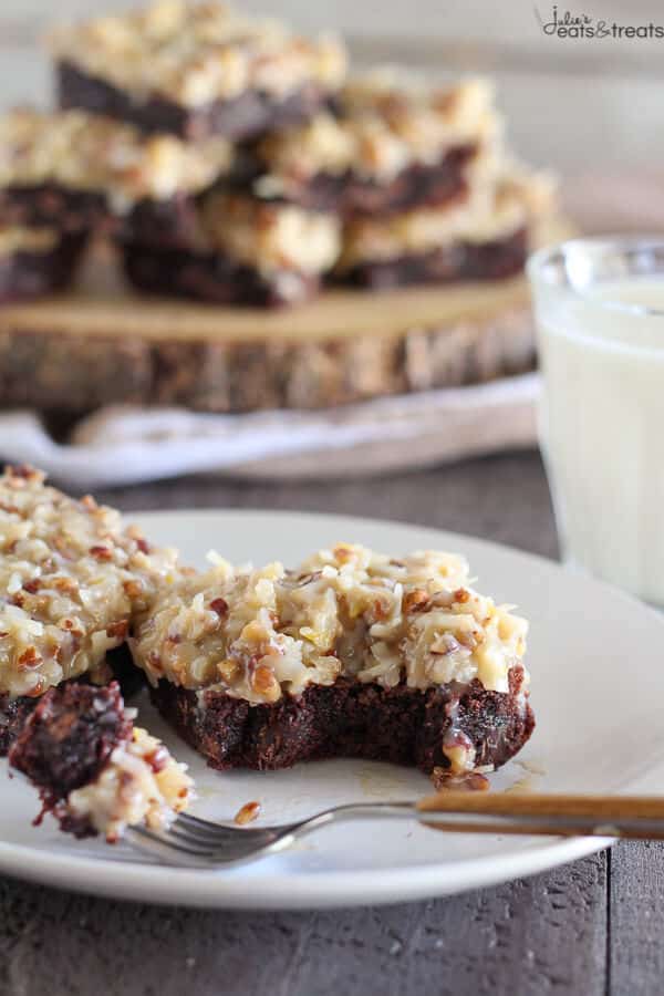 German Chocolate Brownies with bite missing