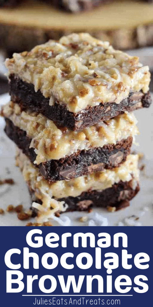 Three German Chocolate Brownies stacked on a white plate