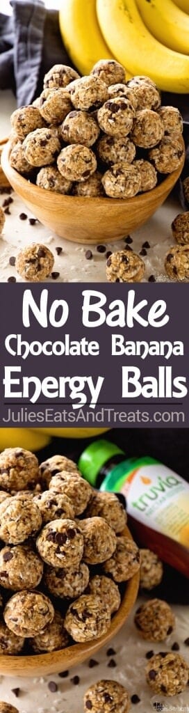 No Bake Chocolate Banana Energy Bites Recipe ~ Delicious Recipe for Energy Bites Loaded with Chocolate Chips, Banana, Coconut, Oats, Flaxseed, Chia Seeds and Spiced with Cinnamon!