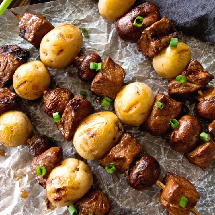 Steak & Potato Kebabs Recipe ~ Tender, Juicy Marinated Steak and Button Mushrooms with Yukon Gold Potatoes Served on a Kebab and Grilled to Perfection!
