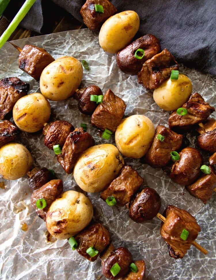Steak & Potato Kebabs Recipe ~ Tender, Juicy Marinated Steak and Button Mushrooms with Yukon Gold Potatoes Served on a Kebab and Grilled to Perfection!