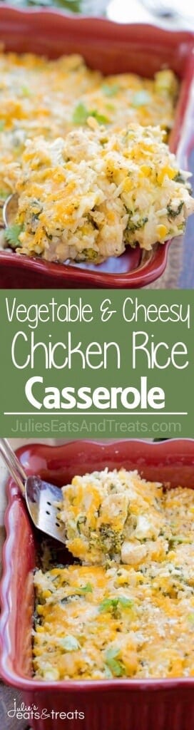 Vegetable and Cheesy Chicken Rice Casserole Recipe ~ Easy, no fuss casserole for dinner! Loaded with all sorts of Delicious Ingredients and the Leftovers are even better the next day.