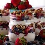 Berry Yogurt Breakfast Parfait ~ Quick, Healthy Breakfast for Mornings When You Are on the Go! Layers of Greek Yogurt, Granola, Strawberries, Blueberries, Raspberries and Pecans!