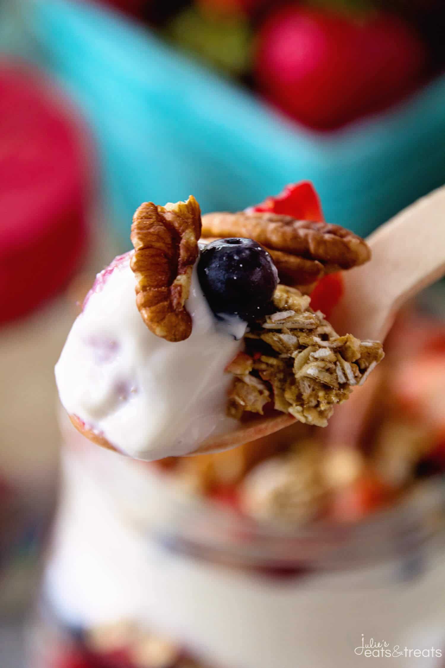 Berry Yogurt Breakfast Parfait ~ Quick, Healthy Breakfast for Mornings When You Are on the Go! Layers of Greek Yogurt, Granola, Strawberries, Blueberries, Raspberries and Pecans!