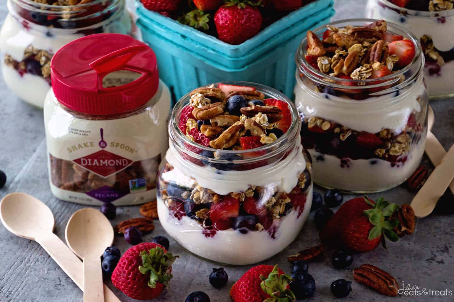 Berry Yogurt Breakfast Parfait ~ Quick, Healthy Breakfast for Mornings When You Are on the Go! Layers of Greek Yogurt, Granola, Strawberries, Blueberries, Raspberries and Pecans!