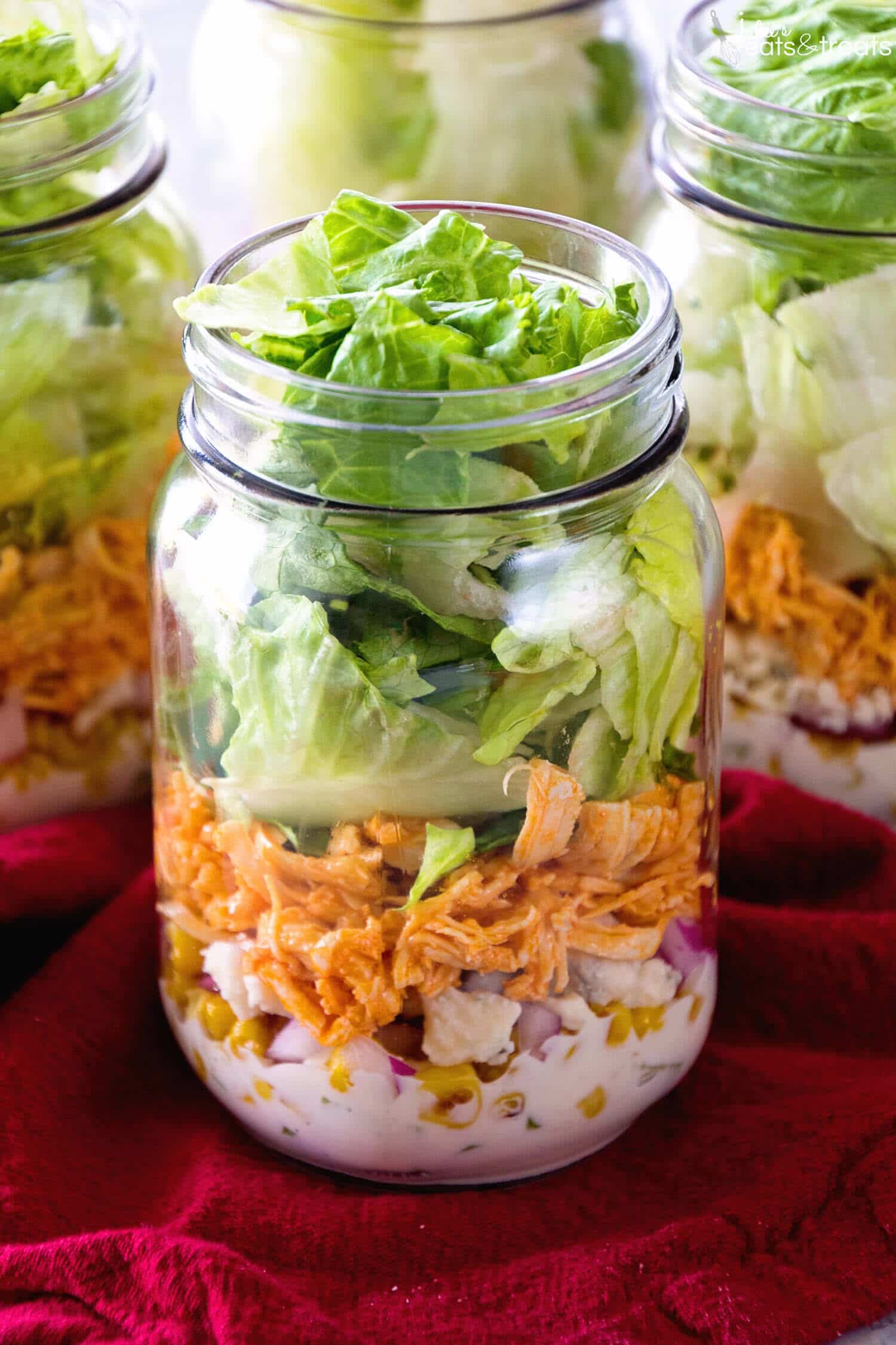 Buffalo Chicken Jar Salad ~ Easy, Light and Healthy Lunch Full of Flavor! Layers of Blue Cheese Dressing, Celery, Blue Cheese Crumbles, Corn, Onions, Buffalo Chicken and Lettuce!