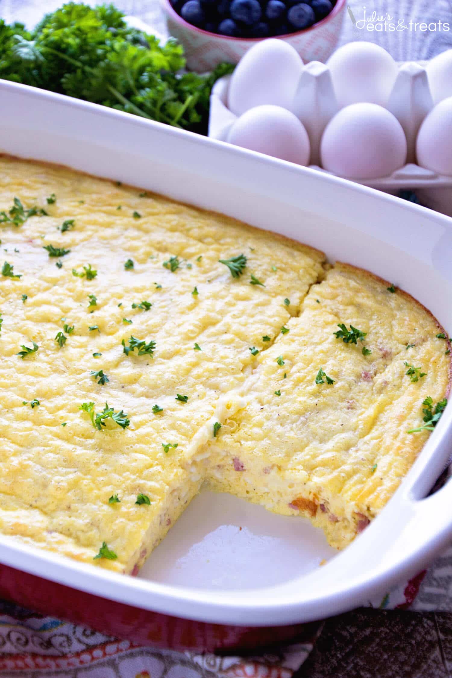 Cheesy Ham Oven Baked Omelet Recipe ~ Light & Fluffy Omelet That is Baked and Stuffed Full of Ham & Cheese! Perfect for Brunch or Breakfast Recipe!