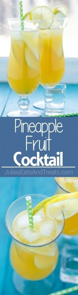 Pineapple Fruit Cocktail Drink Recipe ~ A blend of pineapple, apple, and orange juice are the stars of the show with this pineapple fruit cocktail. Served with sliced pear and the optional rum which are also refreshing for the summer!