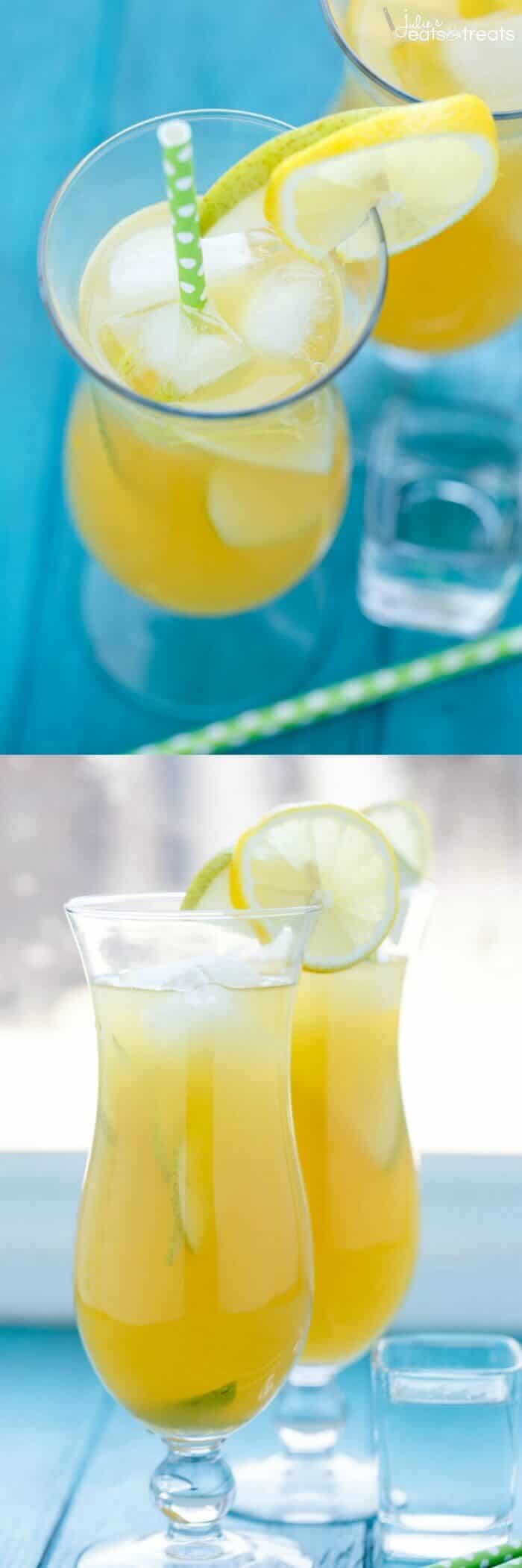 Pineapple Fruit Cocktail Drink Recipe ~ A blend of pineapple, apple, and orange juice are the stars of the show with this pineapple fruit cocktail. Served with sliced pear and the optional rum which are also refreshing for the summer!