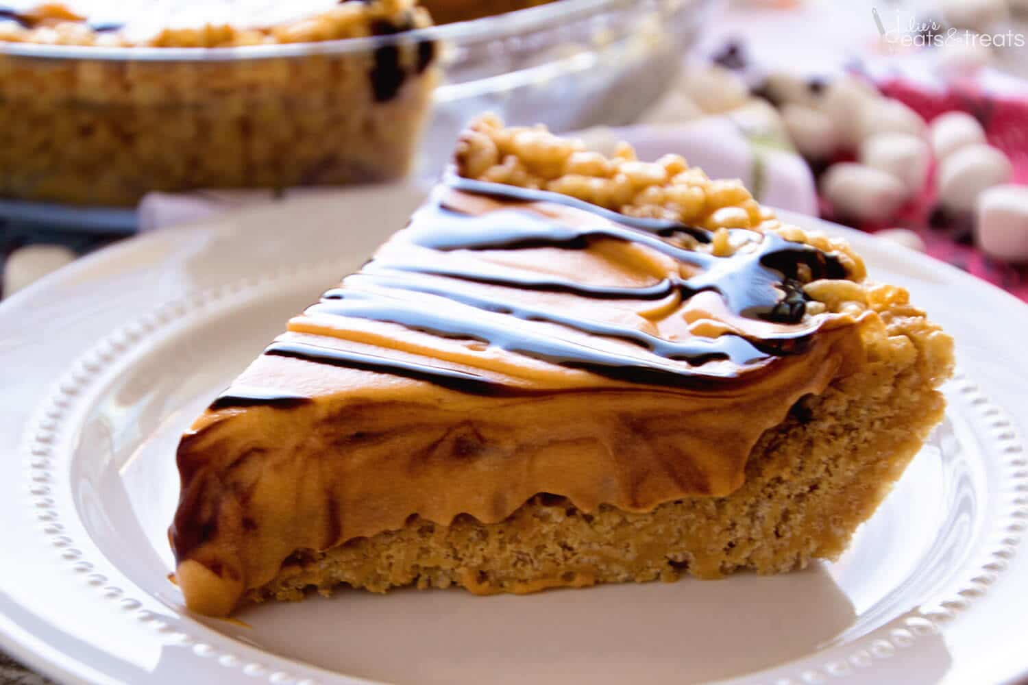 No Bake Scotcheroo Pie Recipe ~ A Delicious Peanut Butter Rice Krispie Pie Crust Topped with Butterscotch Pudding and Topped with Chocolate!