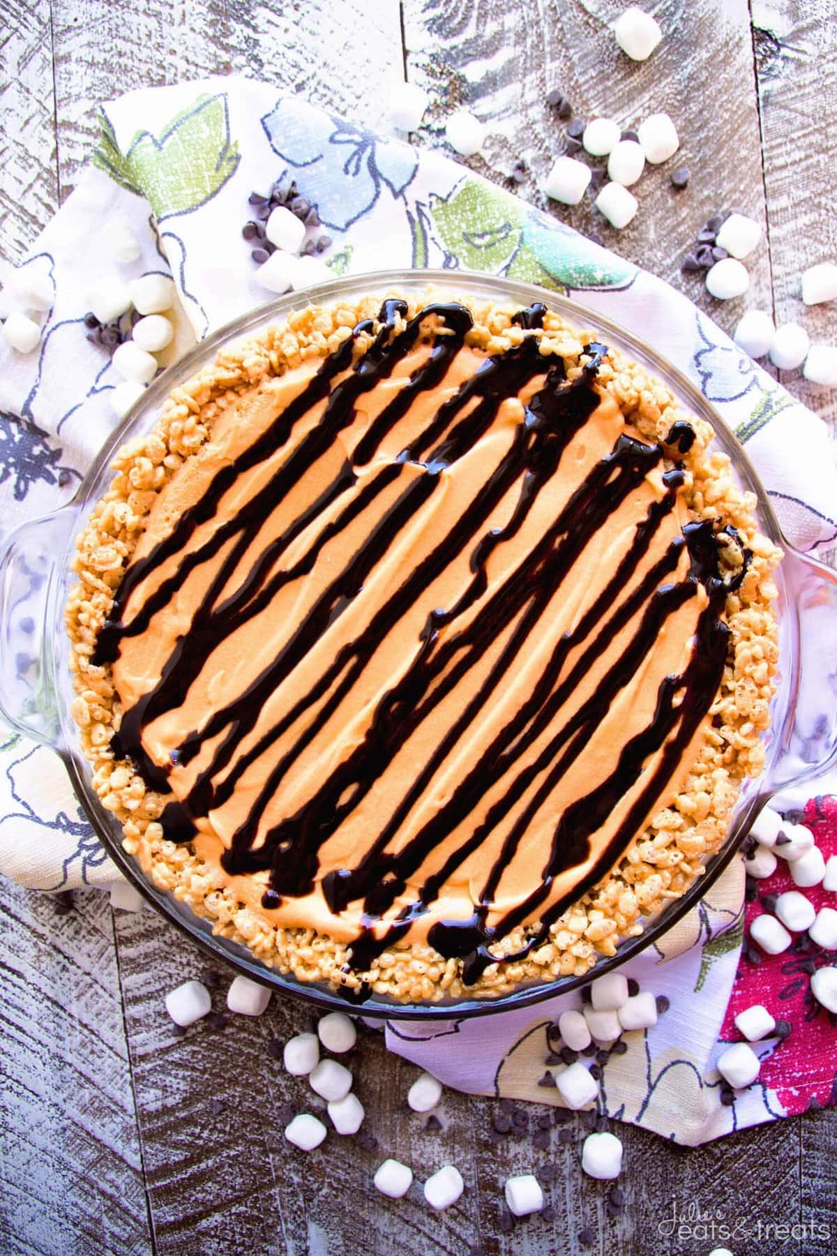 No Bake Scotcheroo Pie Recipe ~ A Delicious Peanut Butter Rice Krispie Pie Crust Topped with Butterscotch Pudding and Topped with Chocolate!
