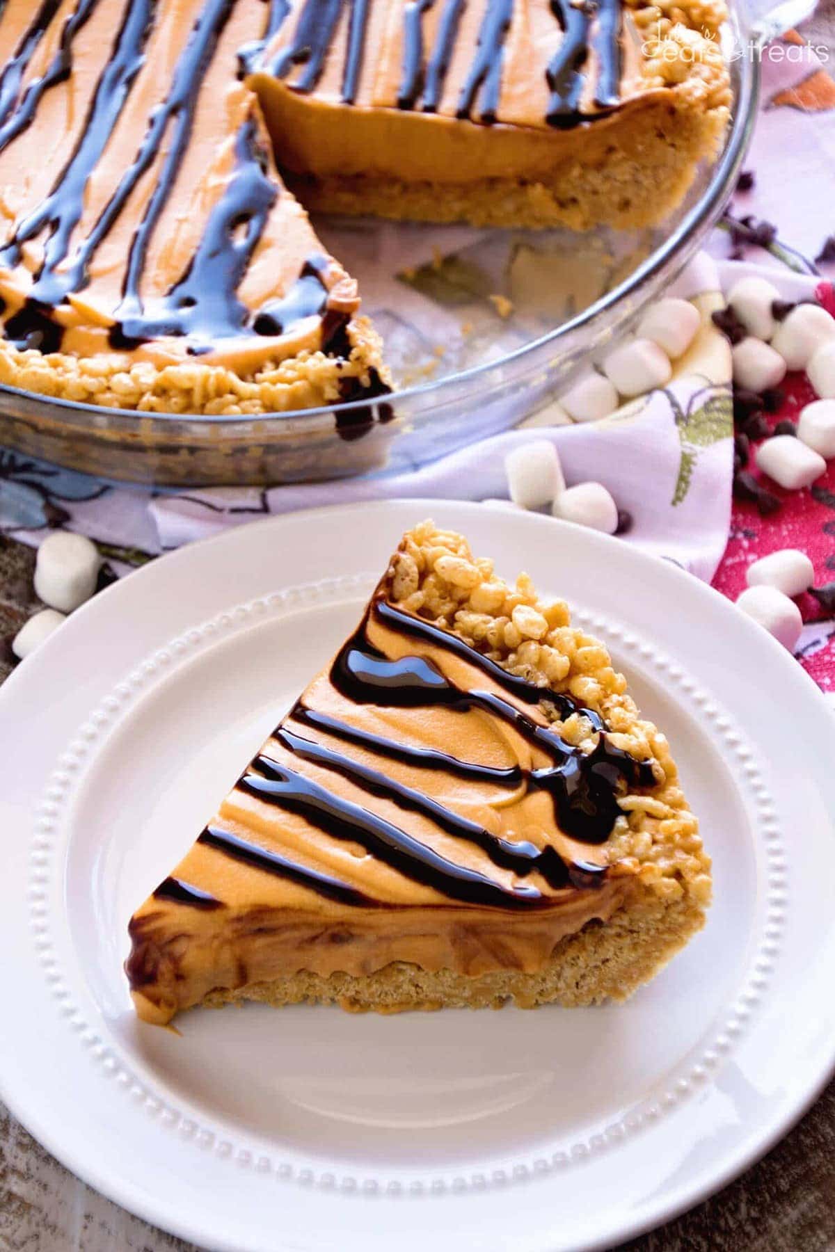 No Bake Scotcheroo Pie Recipe ~ A Delicious Peanut Butter Rice Krispie Pie Crust Topped with Butterscotch Pudding and Topped with Chocolate!