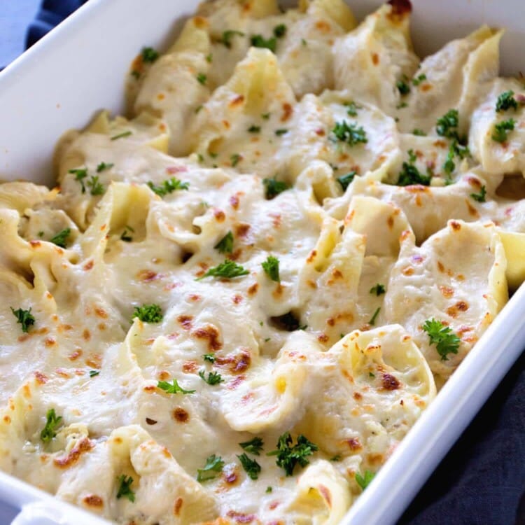 Chicken Alfredo Stuffed Shells Recipe ~ Jumbo Pasta Shells Stuffed with Three Kinds of Cheese and Topped with Creamy Alfredo Sauce! Perfect for a Quick, Easy Dinner or Lunch!