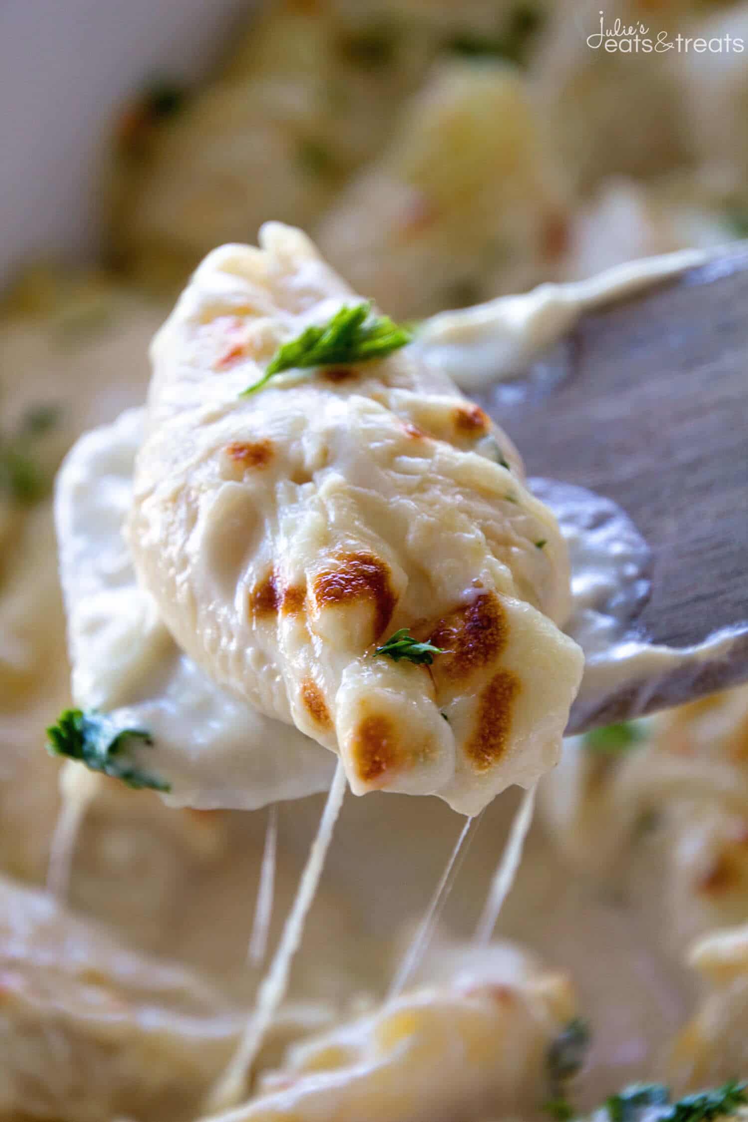 Chicken Alfredo Stuffed Shell on spoon