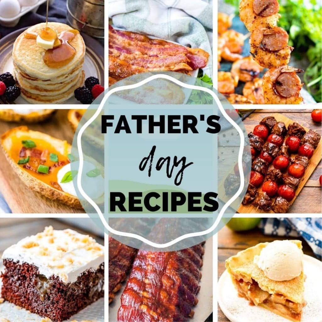 Square featuring image of collage of recipe photos including pancakes, bacon, kabobs, potato skins, cake ribs and pie.