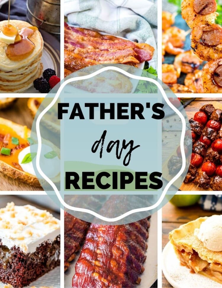 Square featuring image of collage of recipe photos including pancakes, bacon, kabobs, potato skins, cake ribs and pie.