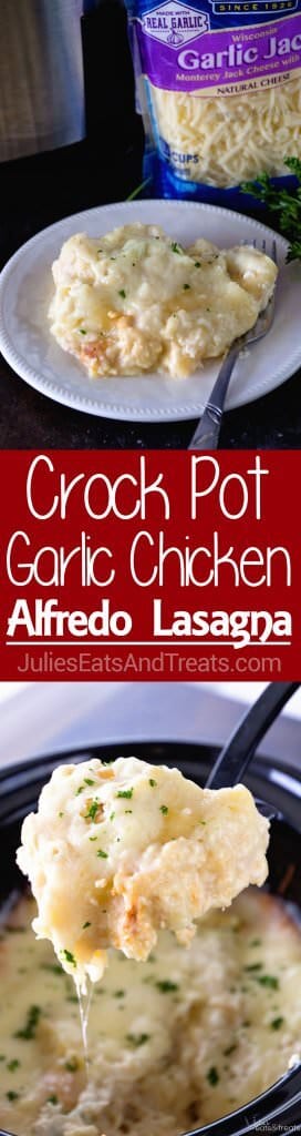 Crock Pot Garlic Chicken Alfredo Lasagna ~ Slow Cooker Lasagna Loaded with Chicken, Alfredo and Garlic! This is the Perfect Comfort Food Dinner for Busy Families!