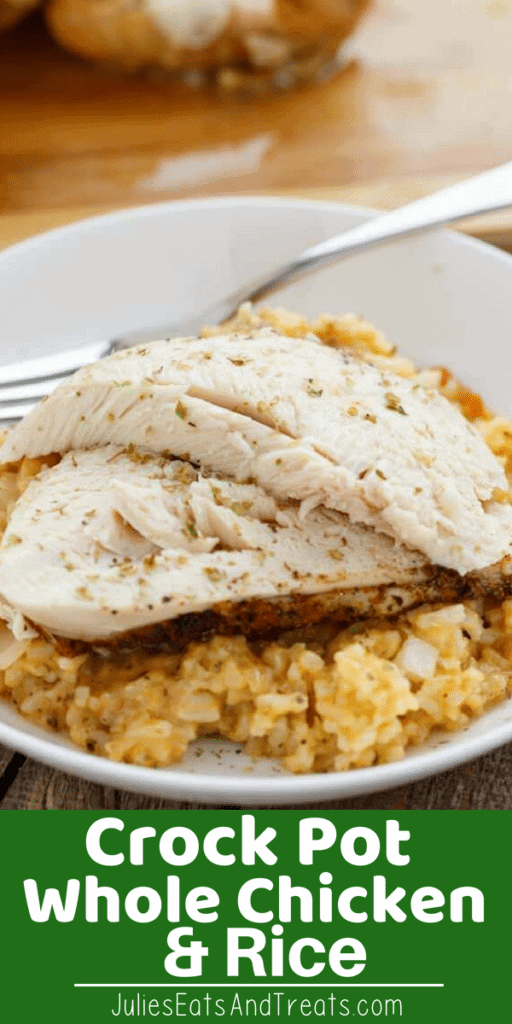 Crock Pot Whole Chicken and Rice on a white plate with a fork