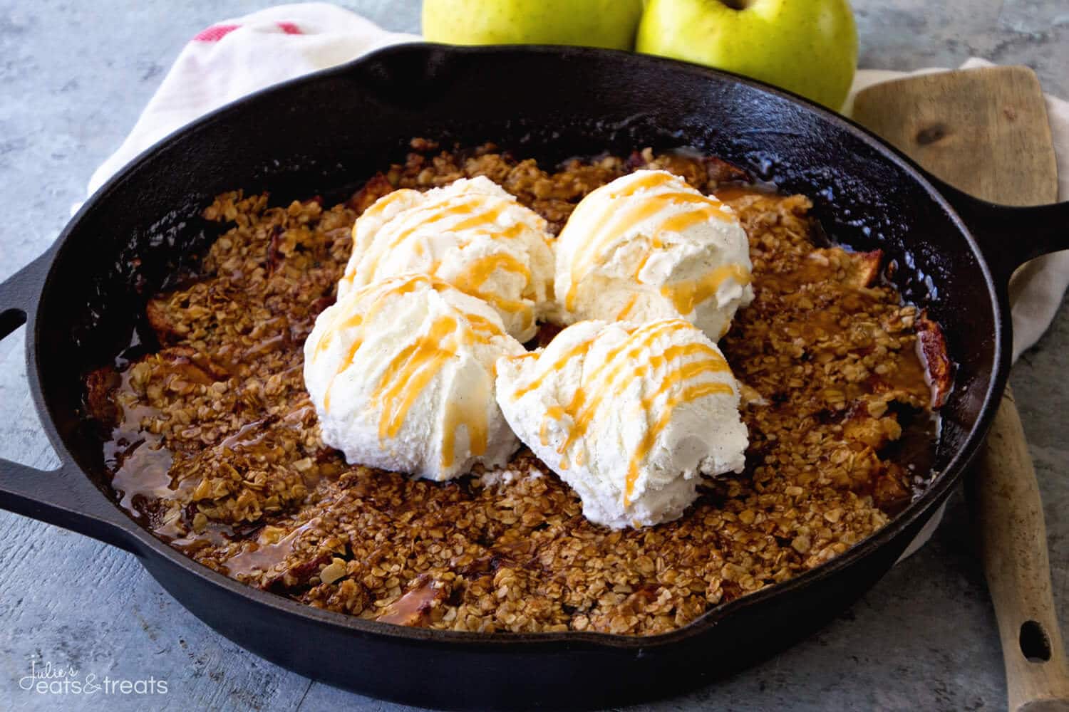 Grilled Caramel Apple Crisp ~ Enjoy Your Favorite Dessert on the Grill! Tender, Juicy Apples with Caramel Topped with Butter, Oatmeal and Ice Cream!