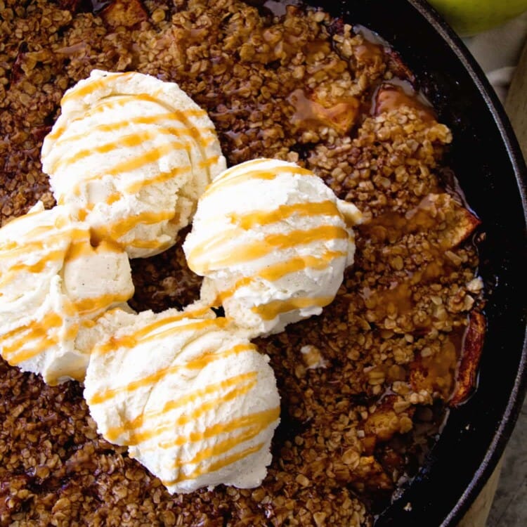 Grilled Caramel Apple Crisp ~ Enjoy Your Favorite Dessert on the Grill! Tender, Juicy Apples with Caramel Topped with Butter, Oatmeal and Ice Cream!