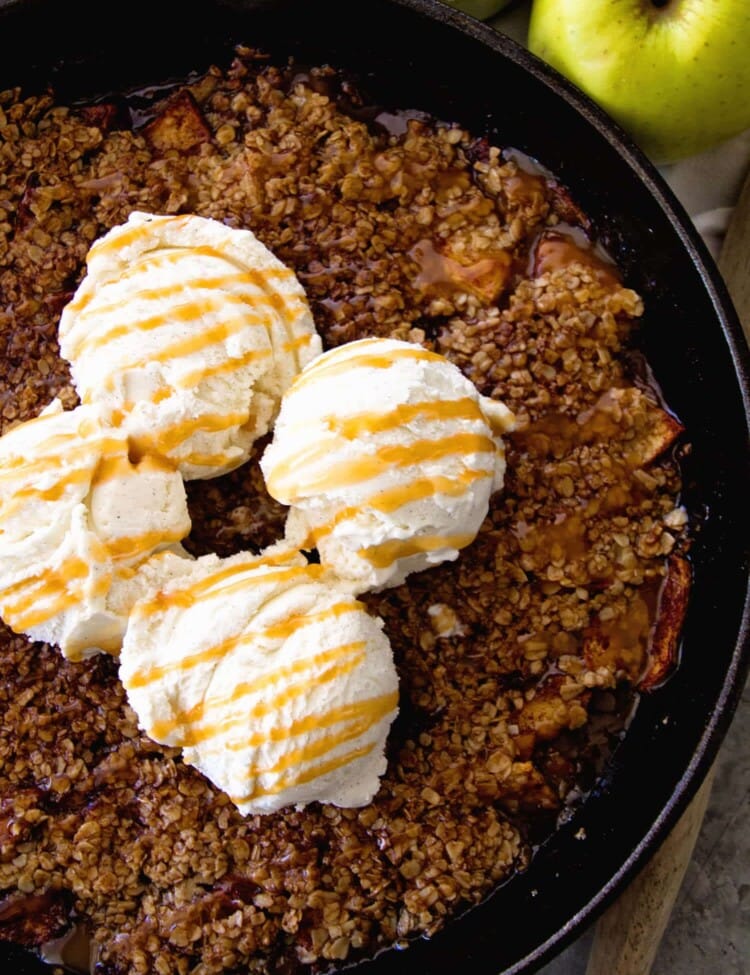 Grilled Caramel Apple Crisp ~ Enjoy Your Favorite Dessert on the Grill! Tender, Juicy Apples with Caramel Topped with Butter, Oatmeal and Ice Cream!