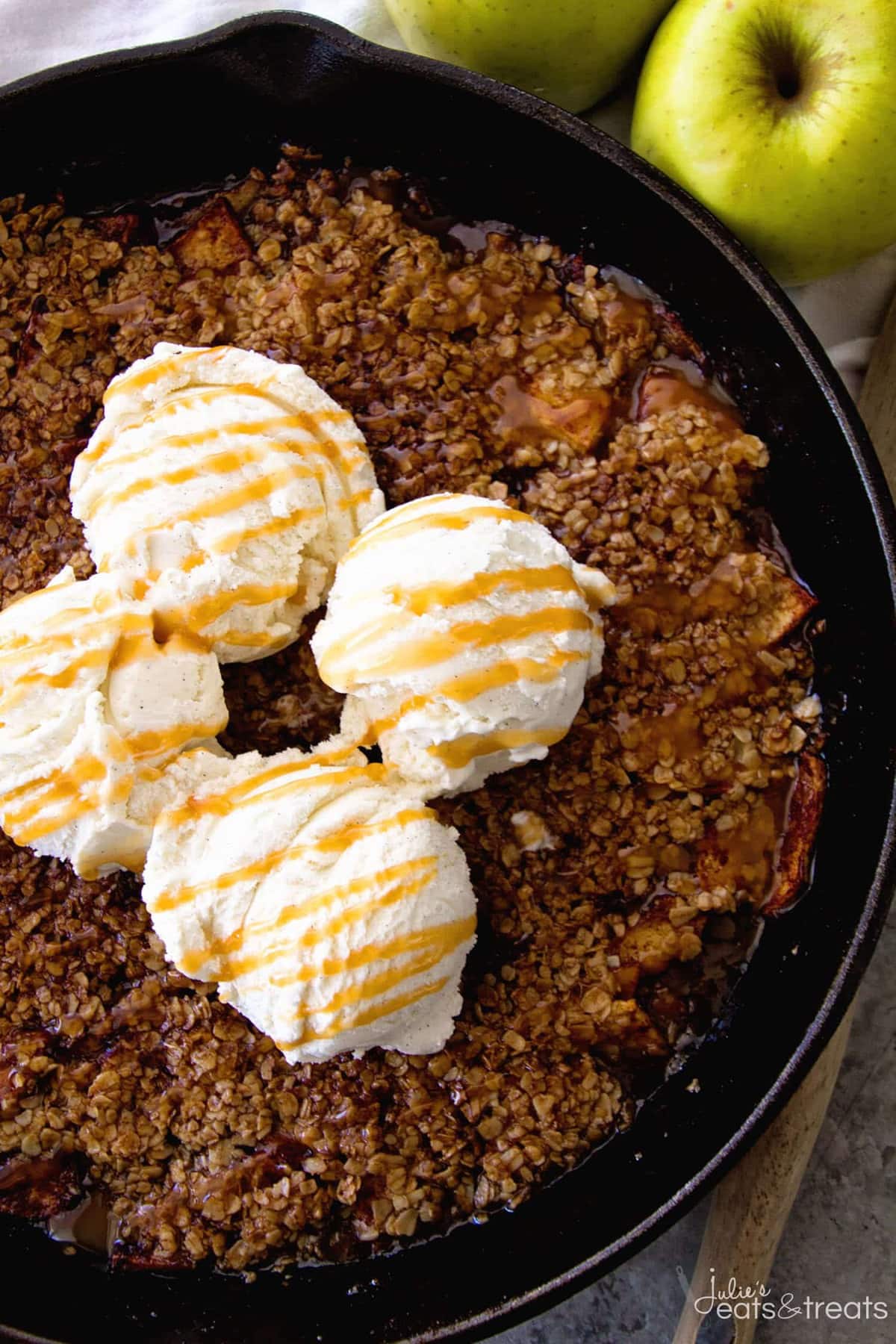 Grilled Caramel Apple Crisp ~ Enjoy Your Favorite Dessert on the Grill! Tender, Juicy Apples with Caramel Topped with Butter, Oatmeal and Ice Cream!