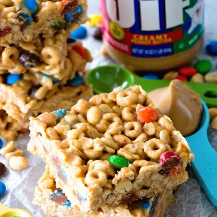 No Bake Peanut Butter Cereal Bars ~ Easy, No Bake Bars with Cheerios, Rice Krispies, M&M's, Peanuts that are Perfectly Ooey & Gooey!