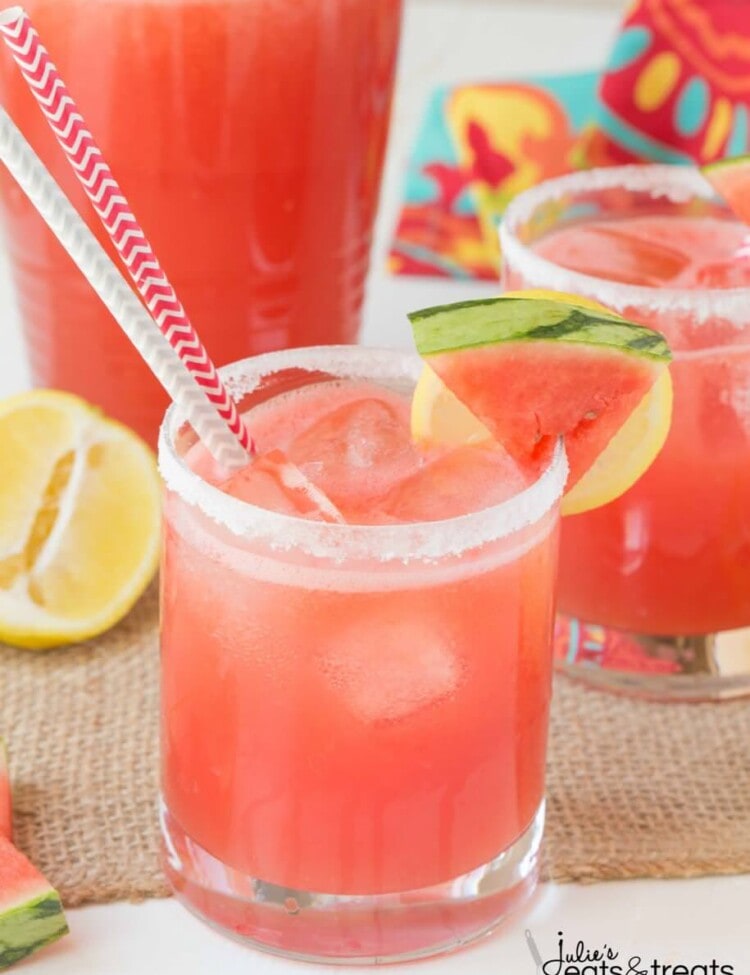Spiked Watermelon Lemonade is a delicious blend of watermelon, frozen lemonade and vodka. This is one adult drink you won't want to pass up this summer!