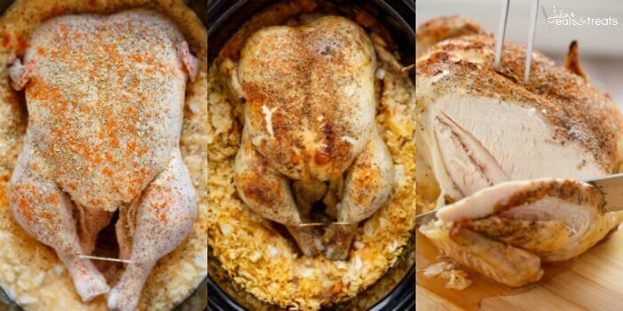 Collage of slow cooker chicken and rice 