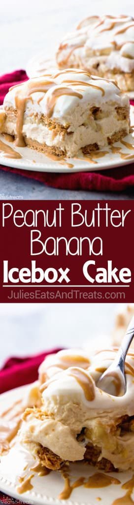 Peanut Butter and Banana Icebox Cake ~ Homemade Light & Fluffy Peanut Butter Mousse Layered with Peanut Butter Cookies and Bananas and then Drizzled with Peanut Butter! The Perfect No Bake Dessert!