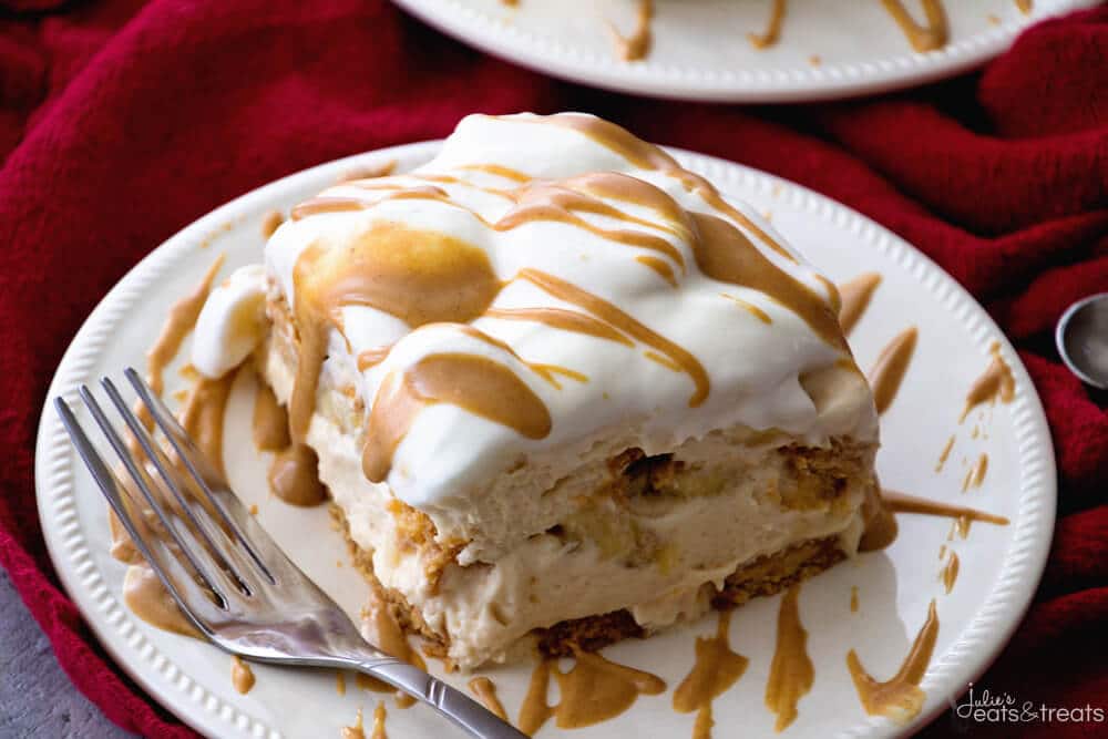 Peanut Butter and Banana Icebox Cake ~ Homemade Light & Fluffy Peanut Butter Mousse Layered with Peanut Butter Cookies and Bananas and then Drizzled with Peanut Butter! The Perfect No Bake Dessert!