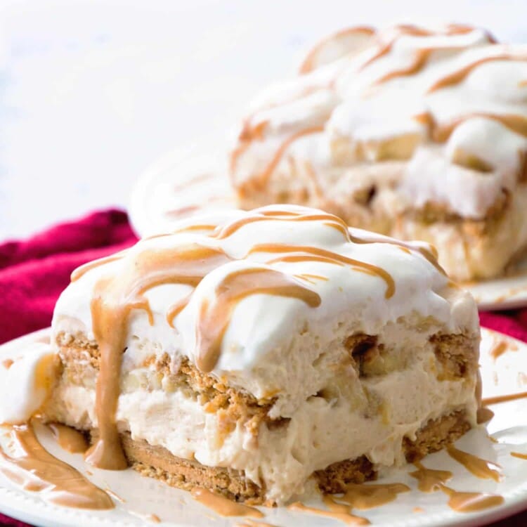 Peanut Butter and Banana Icebox Cake ~ Homemade Light & Fluffy Peanut Butter Mousse Layered with Peanut Butter Cookies and Bananas and then Drizzled with Peanut Butter! The Perfect No Bake Dessert!
